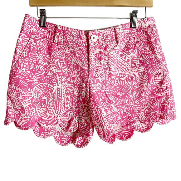 Lilly Pulitzer Hottie Pink White Get Crackin Buttercup Scalloped Shorts Size 2 - Picture 1 of 7
